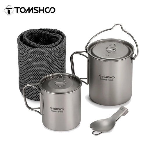 TOMSHOO Titanium Camping Cookware Set | 750ml Pot, Cup & Folding Spork