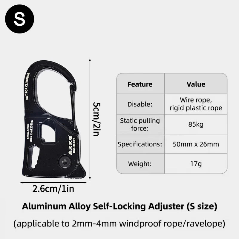 Self-Locking Aluminium Tent Rope Tensioner | S, M & L Sizes