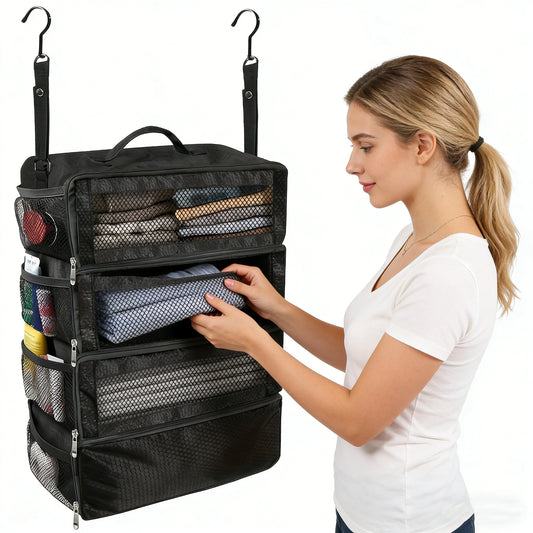 Hanging Travel & Camping Organiser | Collapsible Multi-Shelf Storage Bag