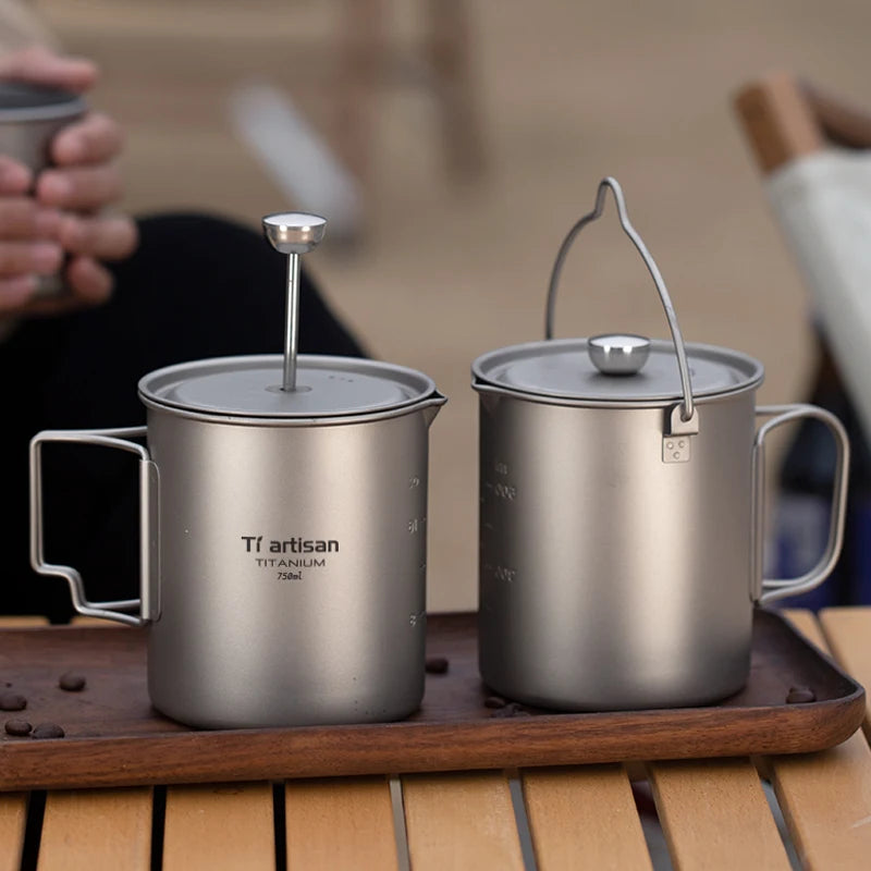 Tiartisan 750ml Titanium French Press Camping Mug | Folding Handle