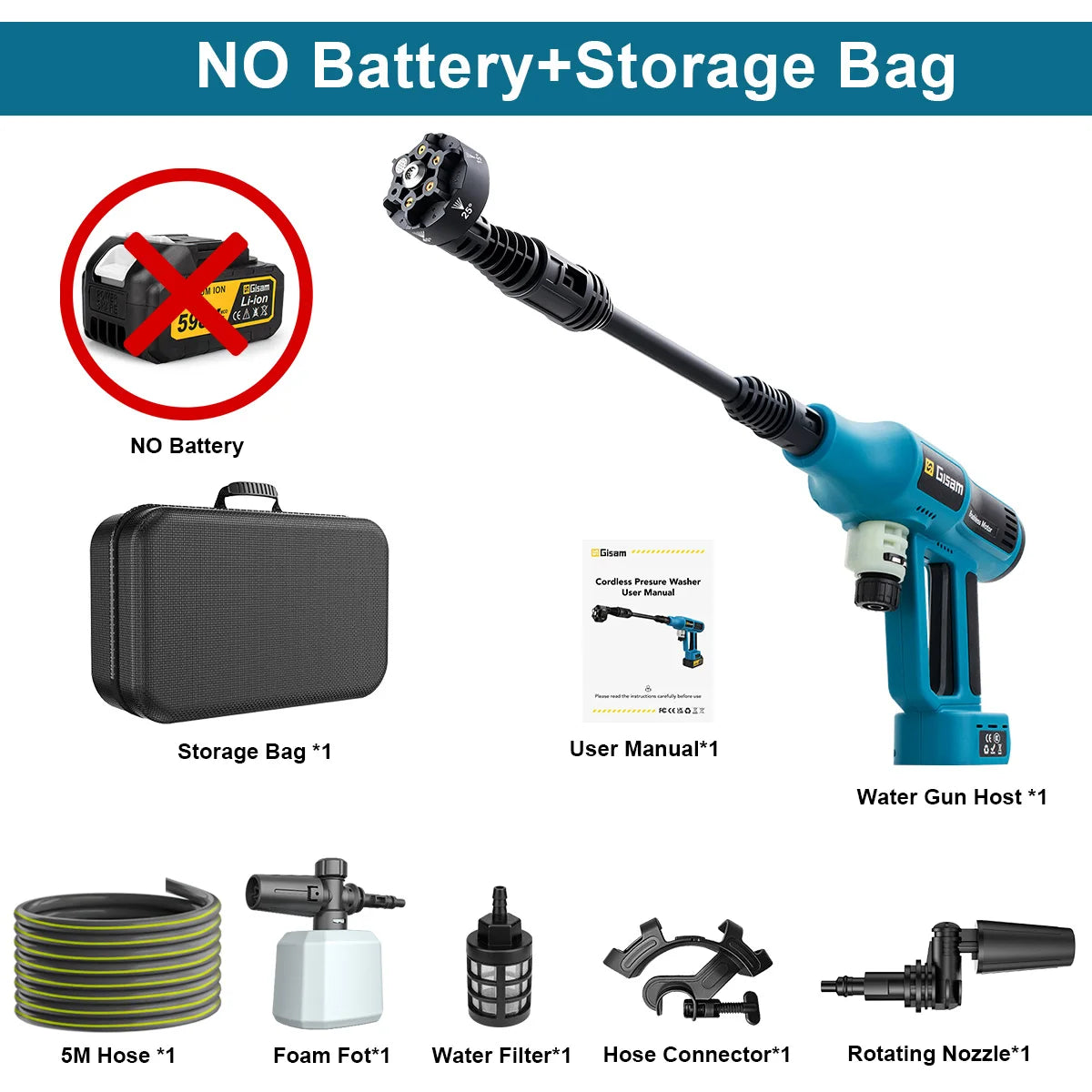 Gisam Brushless Cordless Pressure Washer | Makita-Compatible 18V Portable Water Cleaner