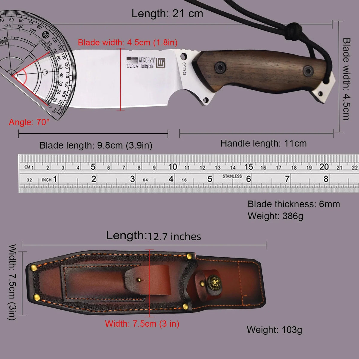 WPKOPYA DC53 Full Tang Fixed Blade Knife | Rosewood Handle | Leather Sheath