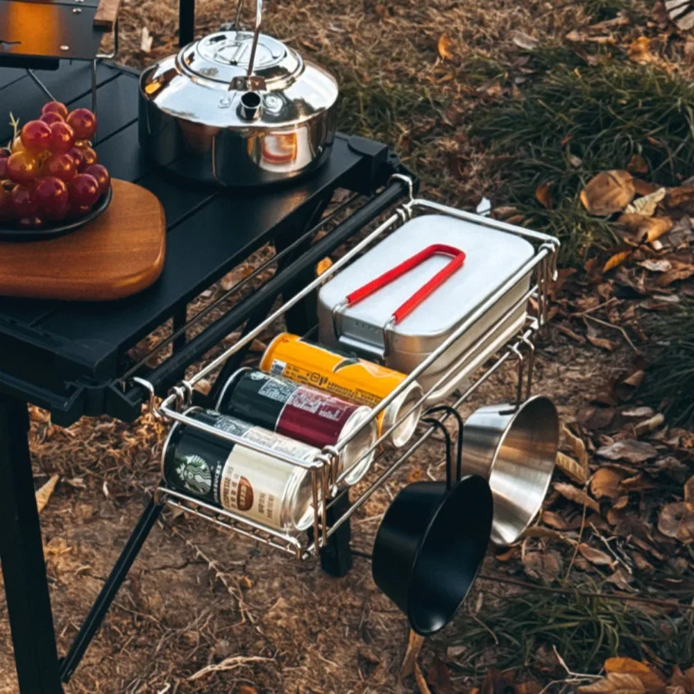 Hanging Camping Table Storage Rack | Stainless Steel Side Extension Basket