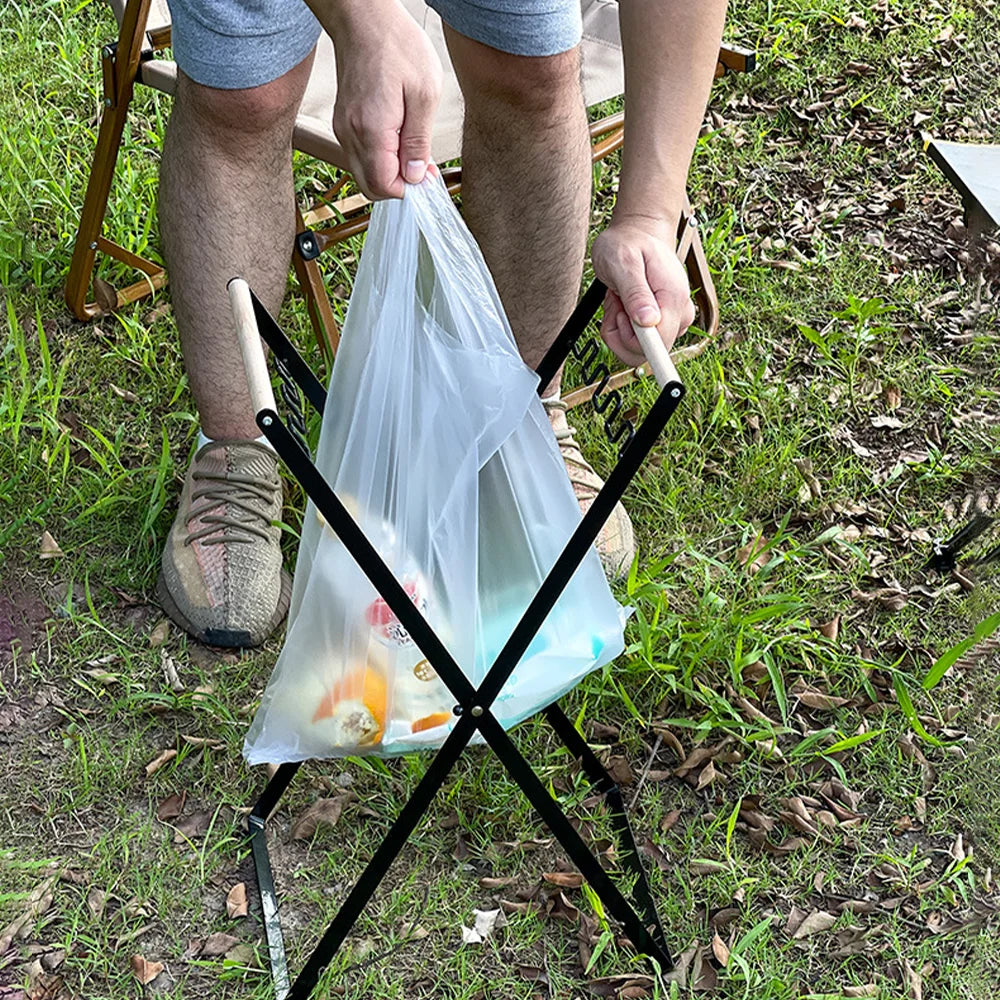 Folding Camping Garbage Bag Holder | Iron Frame with Wooden Handle
