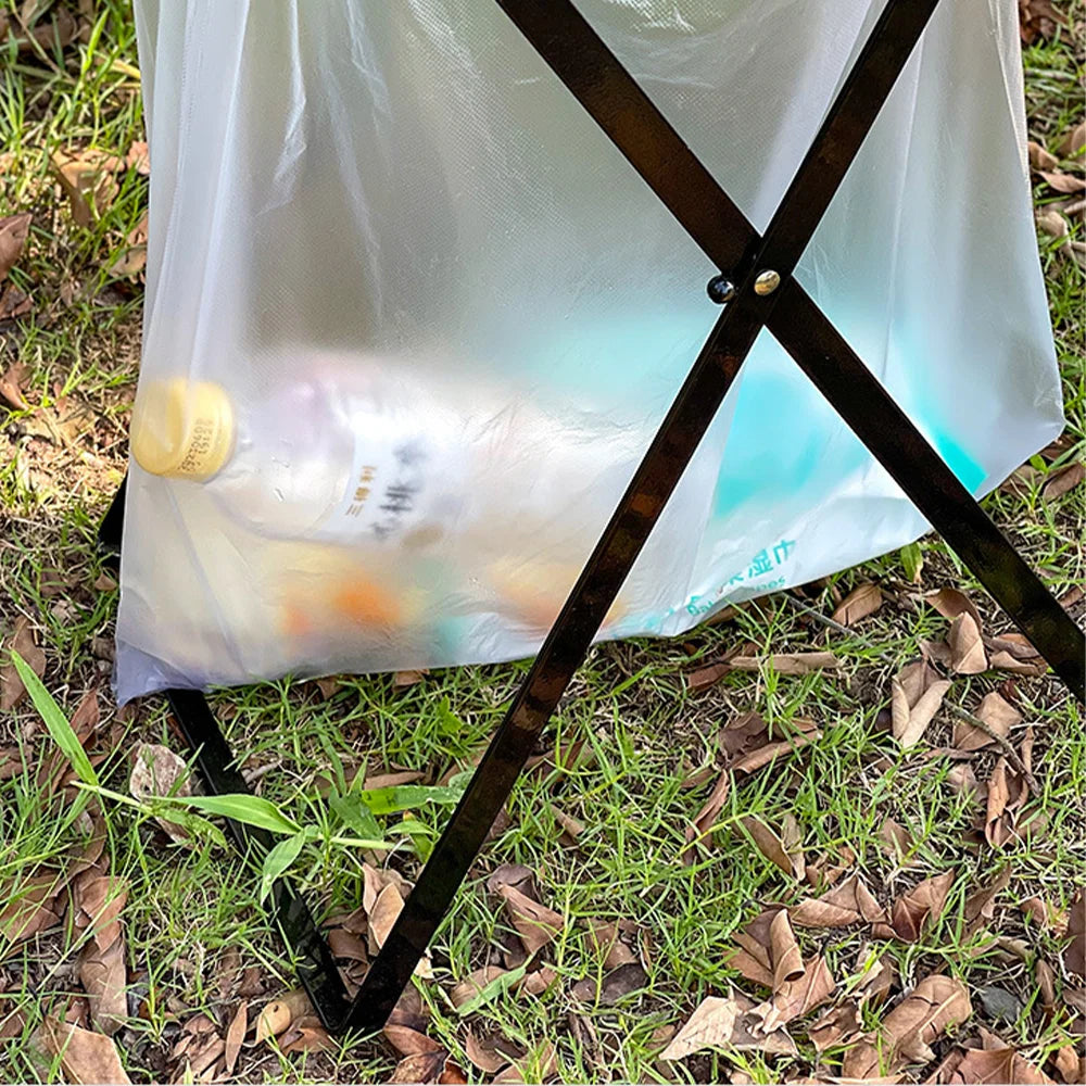 Folding Camping Garbage Bag Holder | Iron Frame with Wooden Handle