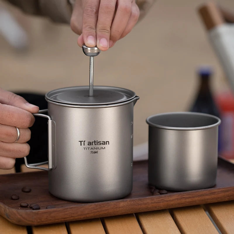 Tiartisan 750ml Titanium French Press Camping Mug | Folding Handle