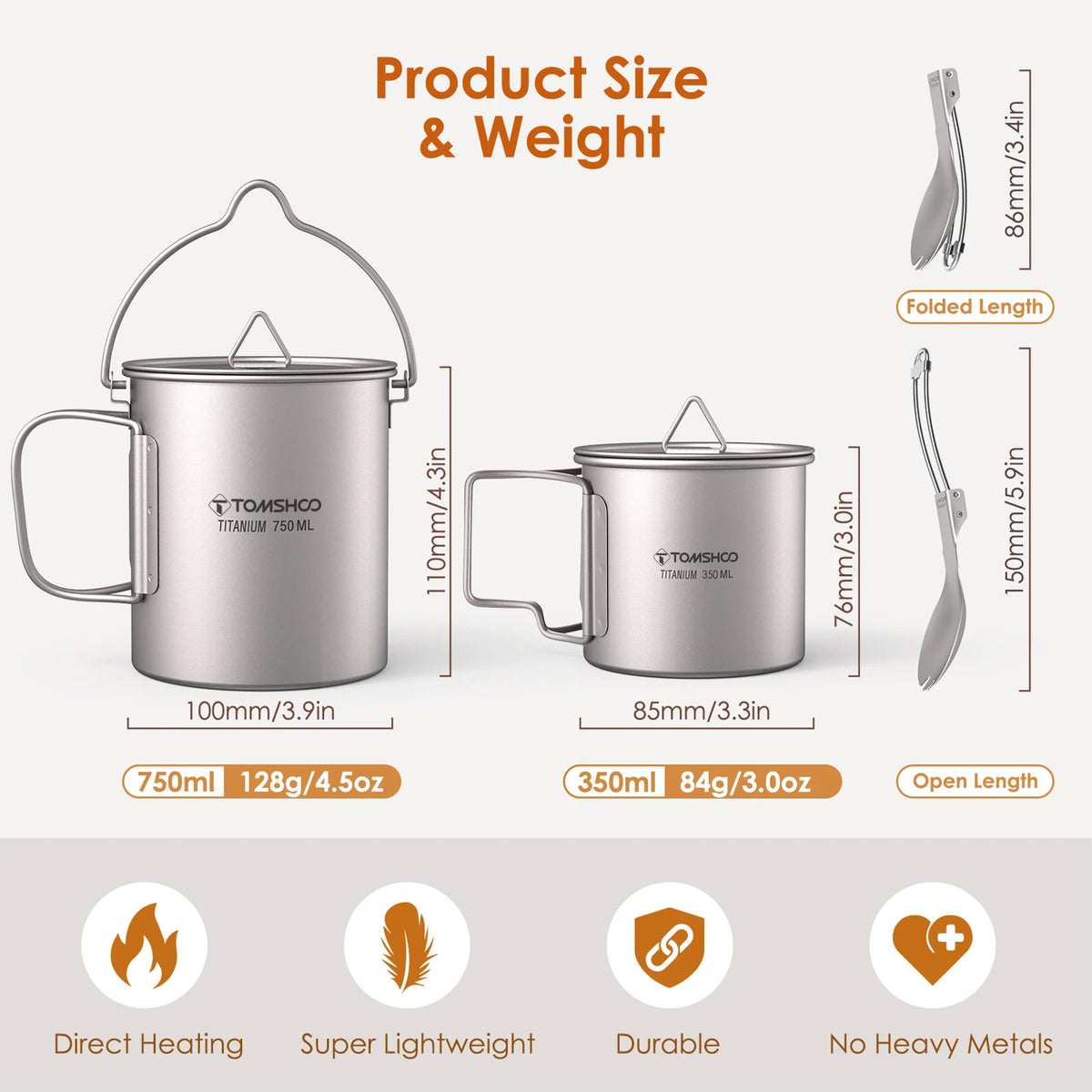 3-Piece Titanium Camping Cookware Set | 750ml Pot, Cup & Folding Spork