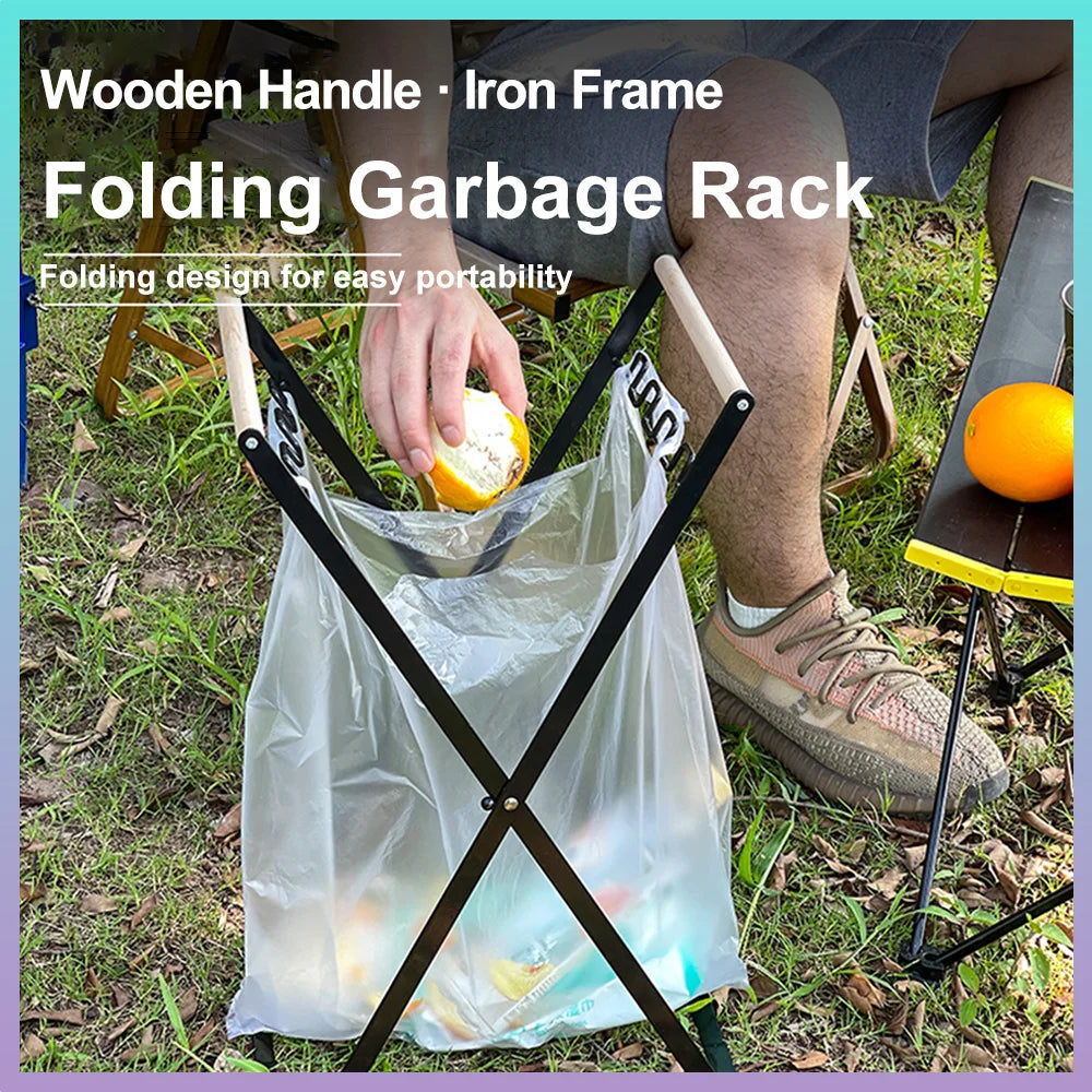 Folding Camping Garbage Bag Holder | Iron Frame with Wooden Handle