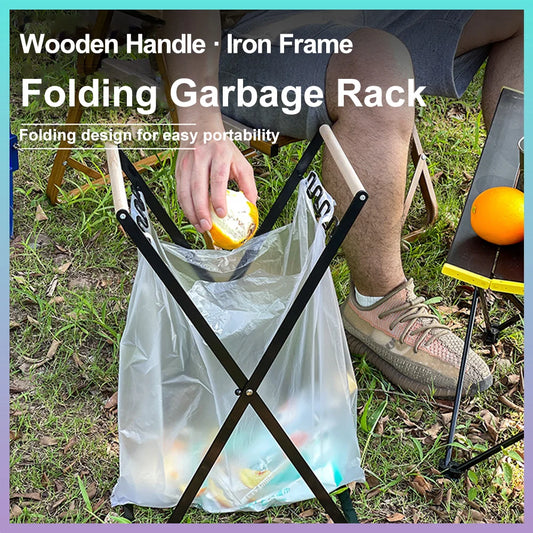 Folding Camping Garbage Bag Holder | Iron Frame with Wooden Handle