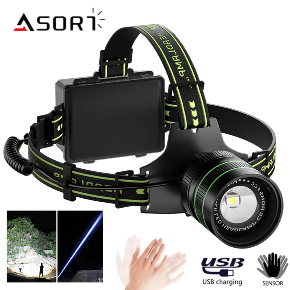 Rechargeable Long-Range LED Headlamp | Sensor Head Torch with Spotlight & SOS