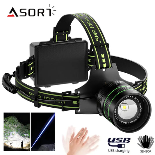Rechargeable Long-Range LED Headlamp | Sensor Head Torch with Spotlight & SOS