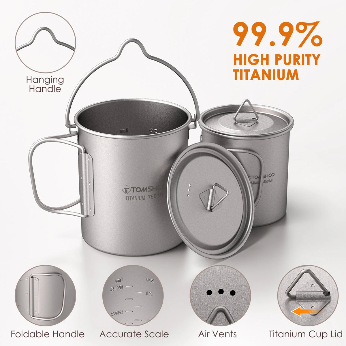 TOMSHOO Titanium Camping Cookware Set | 750ml Pot, Cup & Folding Spork