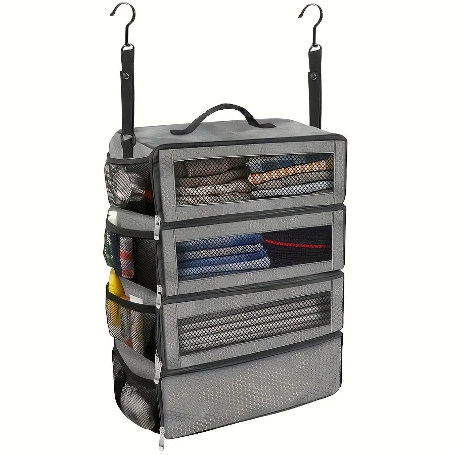 Hanging Travel & Camping Organiser | Collapsible Multi-Shelf Storage Bag