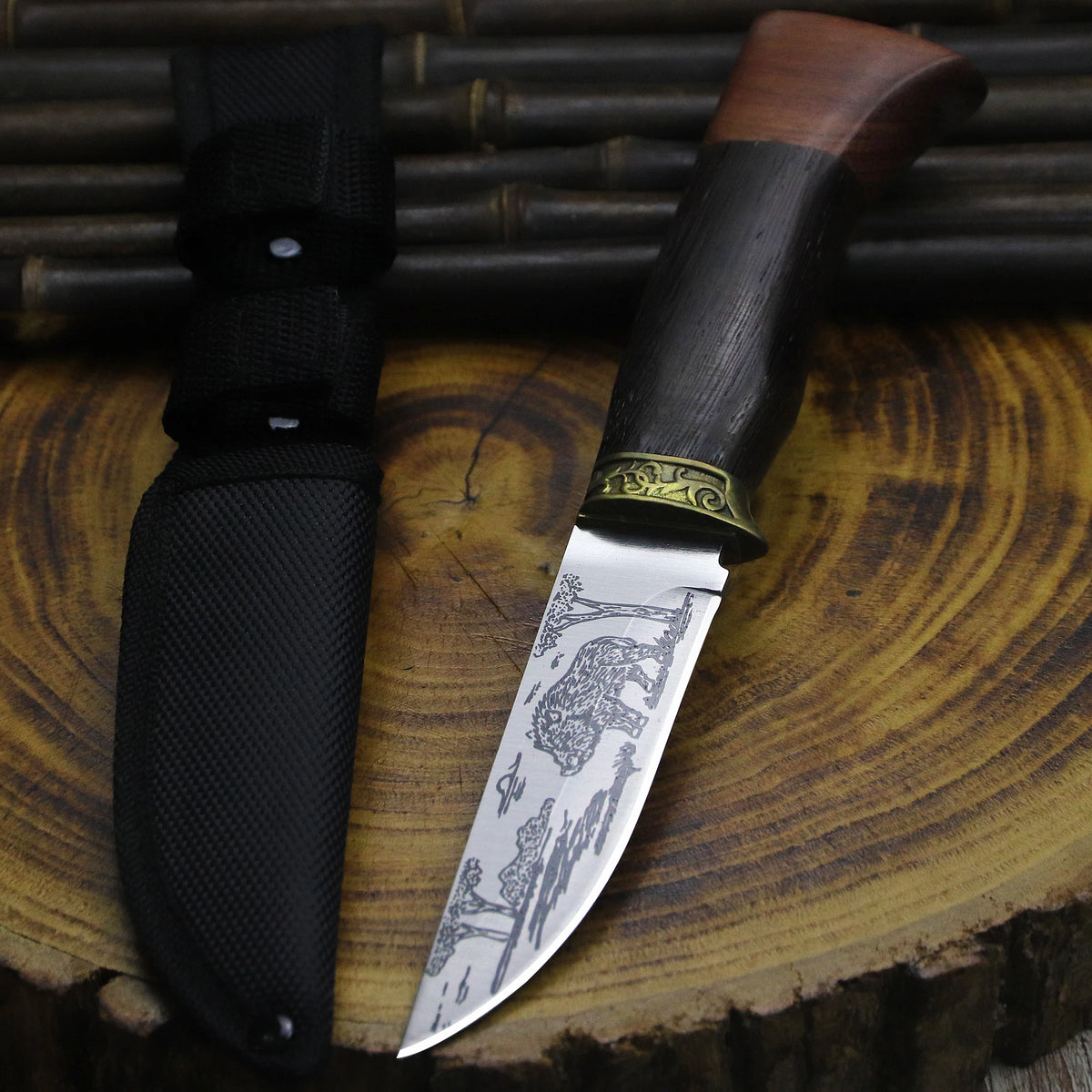 WPKOPYA 440C Fixed Blade Knife | Coloured Wood Handle | 21cm with Sheath