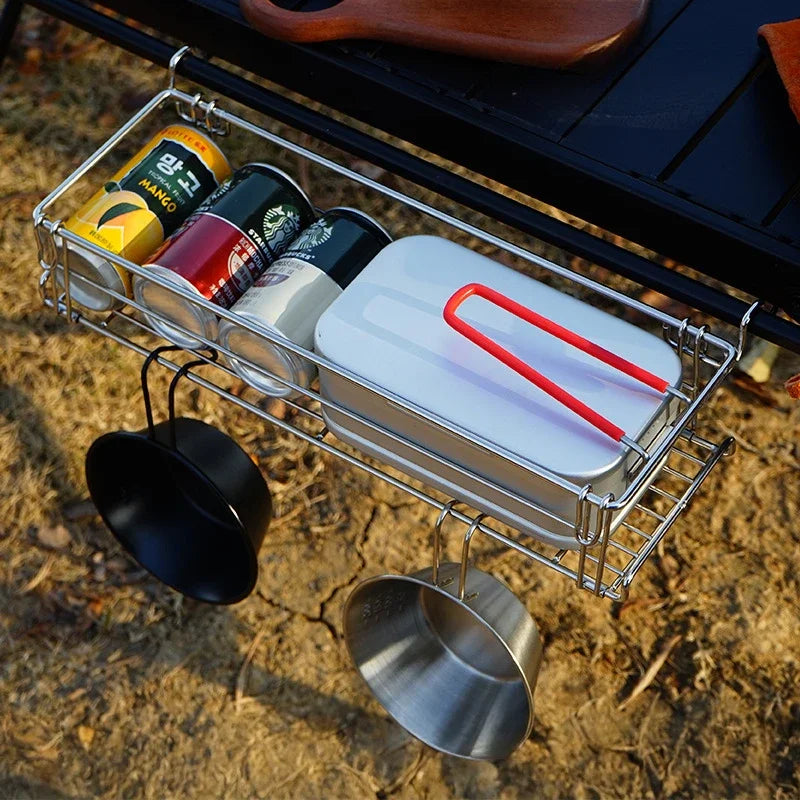 Hanging Camping Table Storage Rack | Stainless Steel Side Extension Basket