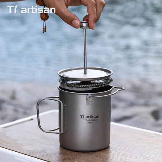 Tiartisan 750ml Titanium French Press Camping Mug | Folding Handle