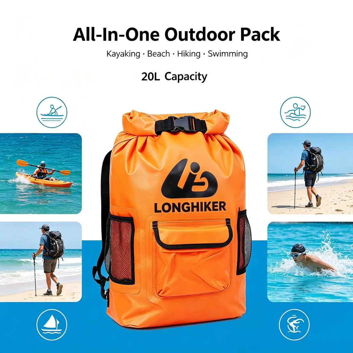 SMVP 20L Waterproof Dry Bag Backpack | PVC Roll-Top Outdoor Pack
