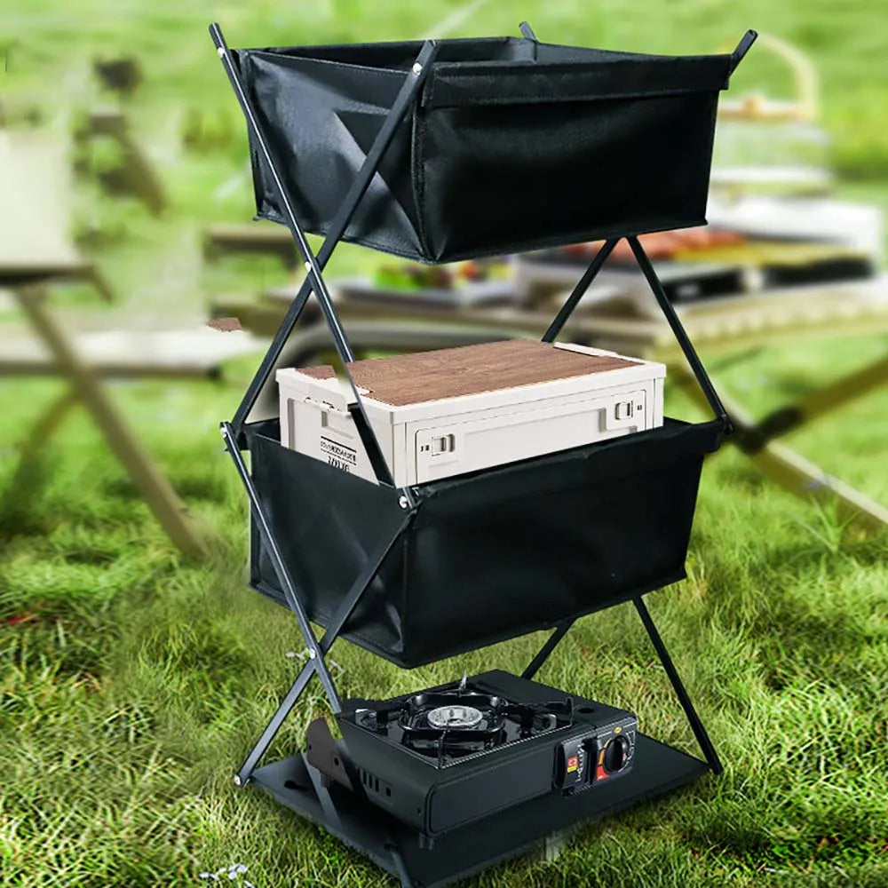 3-Tier Folding Camping Storage Rack | Portable Camp Kitchen Organiser
