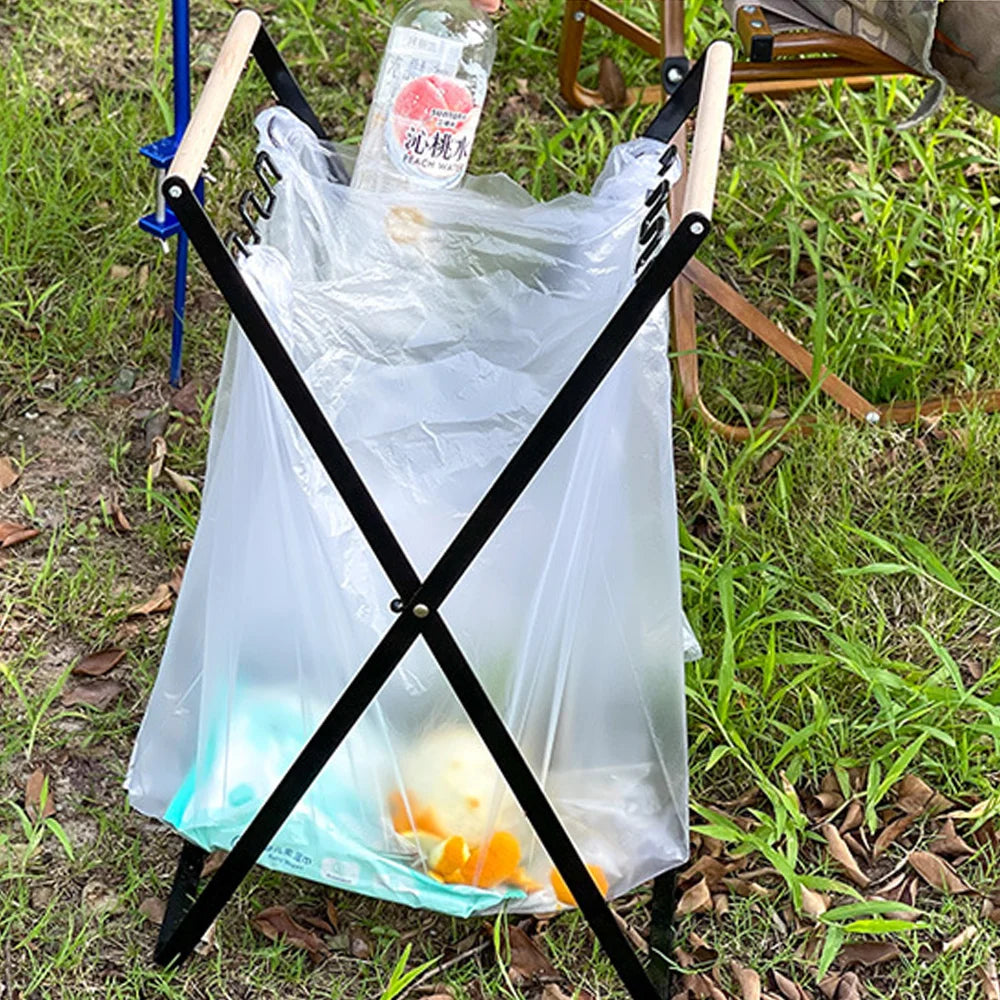 Folding Camping Garbage Bag Holder | Iron Frame with Wooden Handle