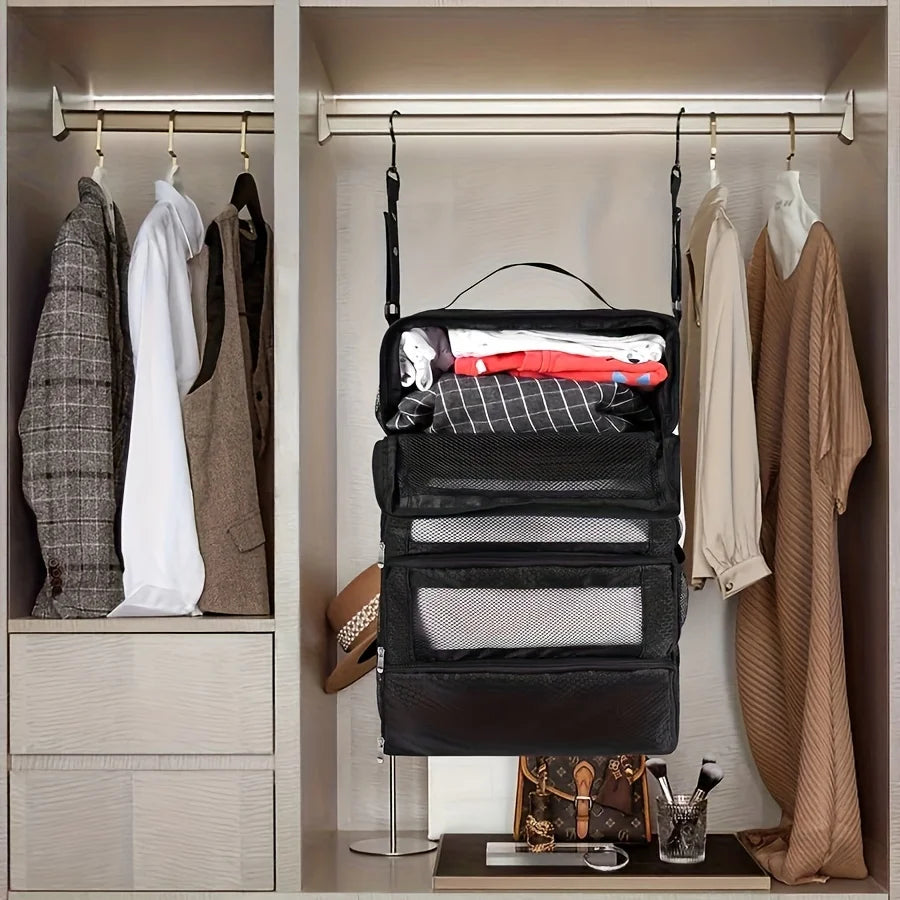 Hanging Travel & Camping Organiser | Collapsible Multi-Shelf Storage Bag
