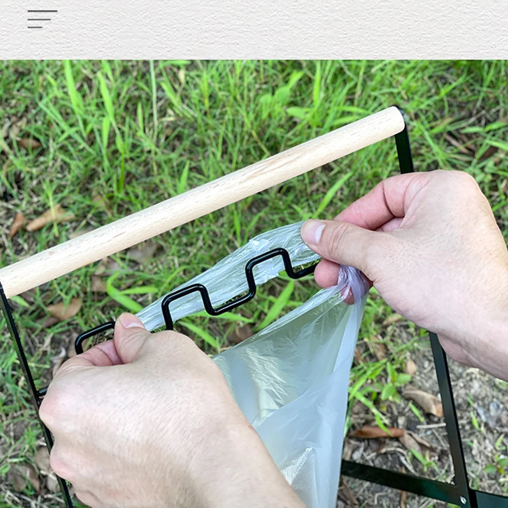 Folding Camping Garbage Bag Holder | Iron Frame with Wooden Handle
