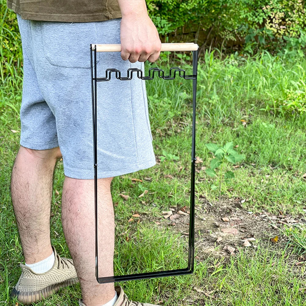 Folding Camping Garbage Bag Holder | Iron Frame with Wooden Handle