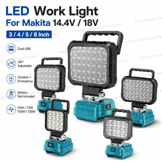 LED Work Light | Makita-Compatible 14.4V–18V Battery Floodlight
