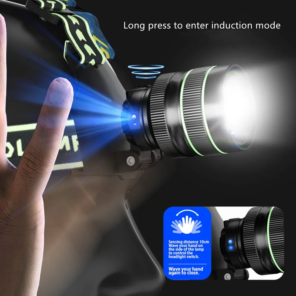 Rechargeable Long-Range LED Headlamp | Sensor Head Torch with Spotlight & SOS