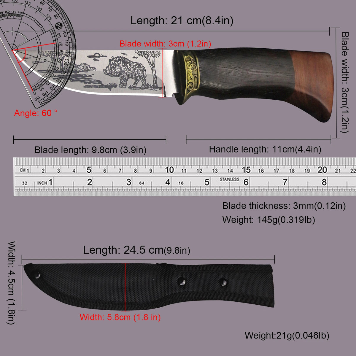 WPKOPYA 440C Fixed Blade Knife | Coloured Wood Handle | 21cm with Sheath