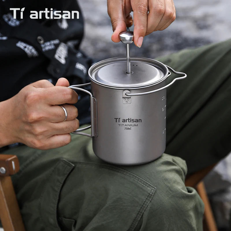 Tiartisan 750ml Titanium French Press Camping Mug | Folding Handle