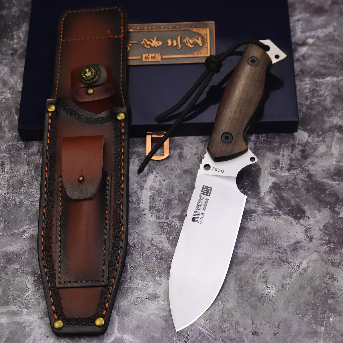 WPKOPYA DC53 Full Tang Fixed Blade Knife | Rosewood Handle | Leather Sheath