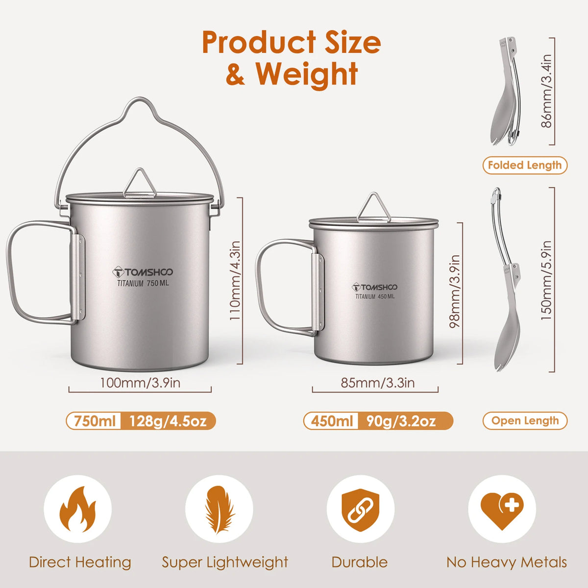TOMSHOO Titanium Camping Cookware Set | 750ml Pot, Cup & Folding Spork